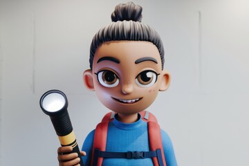 Poster - A 3D rendered cartoon child with a backpack holds a flashlight  smiling cheerfully.