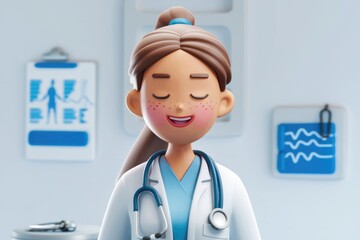 Poster - A serene 3D cartoon female doctor  eyes closed  in a medical setting.