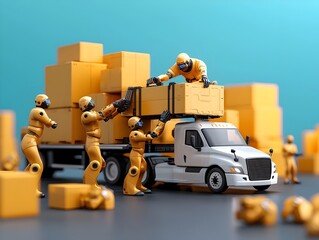 Poster - Robotic handlers meticulously loading cargo into a self driving semi truck showcasing the efficient precision of advanced machinery and technology in a sterile minimalist