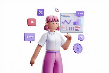 Poster - A 3D illustration of a woman analyzing data and social media metrics on a digital dashboard.