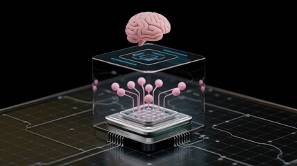 Poster - A 3D rendering showcasing a brain connecting to a computer chip  symbolizing AI and neural networks.