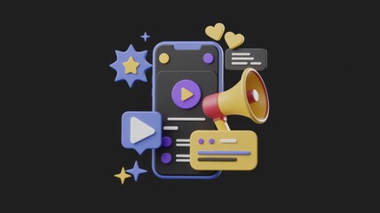 Poster - Mobile app promoting video content with marketing megaphone and social media engagement elements.