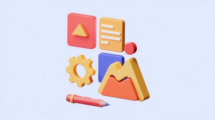 Poster - 3D colorful icons representing productivity  creativity  and design process.