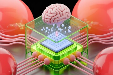 Leinwandbilder - A 3D rendering of a brain connected to a microchip  symbolizing AI and neural networks.