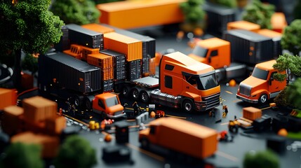 Poster - Expansive freight terminal with a fleet of delivery trucks and intermodal transportation infrastructure showcasing the complex logistics of a modern suburban distribution hub  High contrast