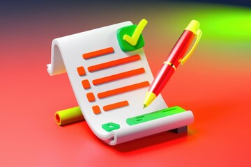 Poster - A 3D rendering of a checklist with a pen  signifying completion and task management.
