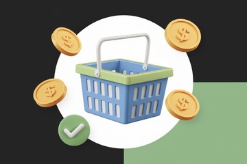Poster - Empty shopping basket surrounded by dollar coins  symbolizing online shopping and e commerce.