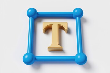 Poster - A golden letter T is enclosed within a square frame constructed from blue cylindrical elements.