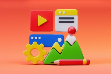 Poster - Vibrant 3D elements symbolize content creation and digital marketing.