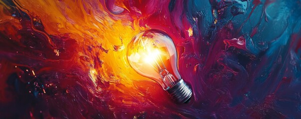 Poster - Light bulb surrounded by vibrant abstract paint, glowing energy concept