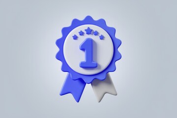 Poster - 3D render of a blue first place award badge with five stars and a ribbon.