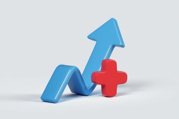 Poster - Blue upward arrow with red plus sign  signifying growth and addition.