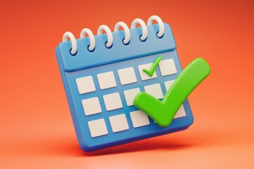 Leinwandbilder - A 3D render of a blue calendar with a green checkmark  symbolizing scheduling and task completion.