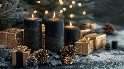 Wall Mural - Luxury christmas life style with candles. Gold and black.