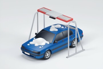 Poster - A blue car is getting washed at a car wash  with white soap suds on its hood.