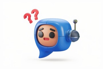 Poster - Confused blue robot with a microphone  questioning something.