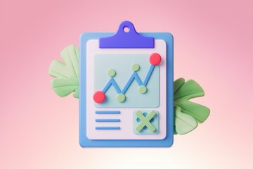 Poster - 3D rendering of a clipboard with a graph showing upward trend  checklist and cross mark.