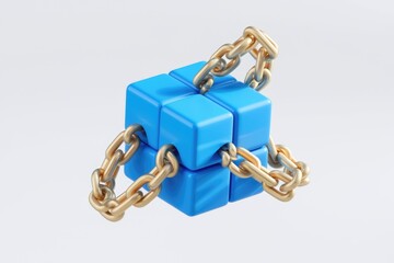 Aufkleber - A 3D render of blue cubes interconnected by a golden chain  symbolizing connection and security.