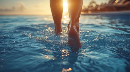 Fototapete - The sun sets on the horizon as someone wades barefoot in the clear water of a pool, creating gentle ripples that reflect the warm glow of evening light.