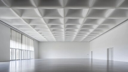 Poster - Modern spacious gallery interior with textured white ceiling, large windows, and polished floor.