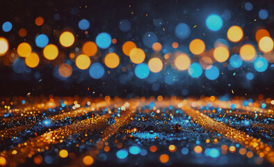 Poster - Blurry image of a blue and orange background with many small circles. The circles are of different sizes and colors