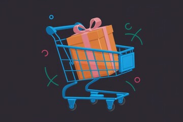Poster - A blue shopping cart carrying a gift wrapped present  symbolizing online shopping and gift giving.