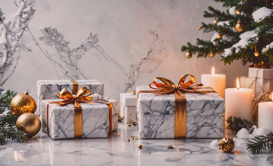 Poster - Three white boxes with gold ribbons on top. One of the boxes is on the right. The boxes are on a marble counter