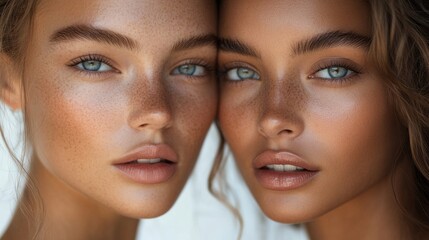 Aufkleber - In a striking close-up portrait, two models exude radiant beauty, their captivating blue eyes highlighted by soft light. The warm tones of their skin create an inviting atmosphere