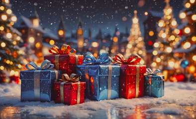 Poster - Stack of presents with a blue one in the middle. The blue box is the tallest. The red box is the shortest