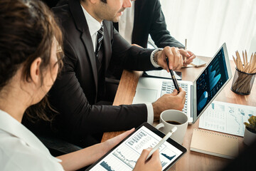 Poster - Financial data analysis dashboard by Fintech BI or business intelligence display on laptop and tablet to in-depth financial data analysis by business people planning on marketing. Habiliment