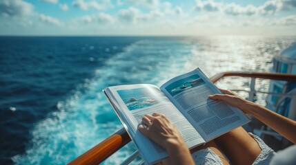 Poster - A person on a cruise ship is reading a travel guide, enjoying the fresh sea breeze and stunning ocean views during a leisurely day at sea.
