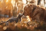 In a tranquil autumn park, a golden retriever and a playful kitten nuzzle each other affectionately amidst the warm golden light and fallen leaves.