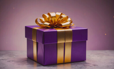 Poster - Purple box with gold ribbon on top. The box is sitting on a table