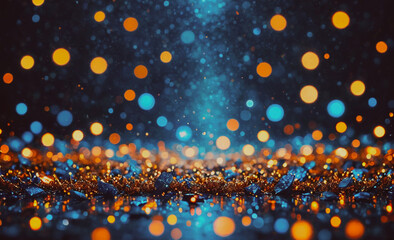 Poster - Blue and orange background with many small dots. The dots are of different sizes and colors. The background is blurry and the dots are scattered all over it
