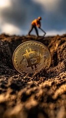 Aufkleber - bitcoin in soil with person digging in background, cryptocurrency mining concept