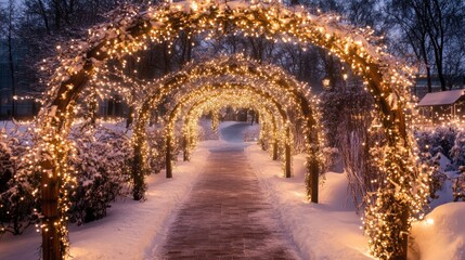 Wall Mural - Magical winter pathway adorned with illuminated arches, creating a romantic ambiance.