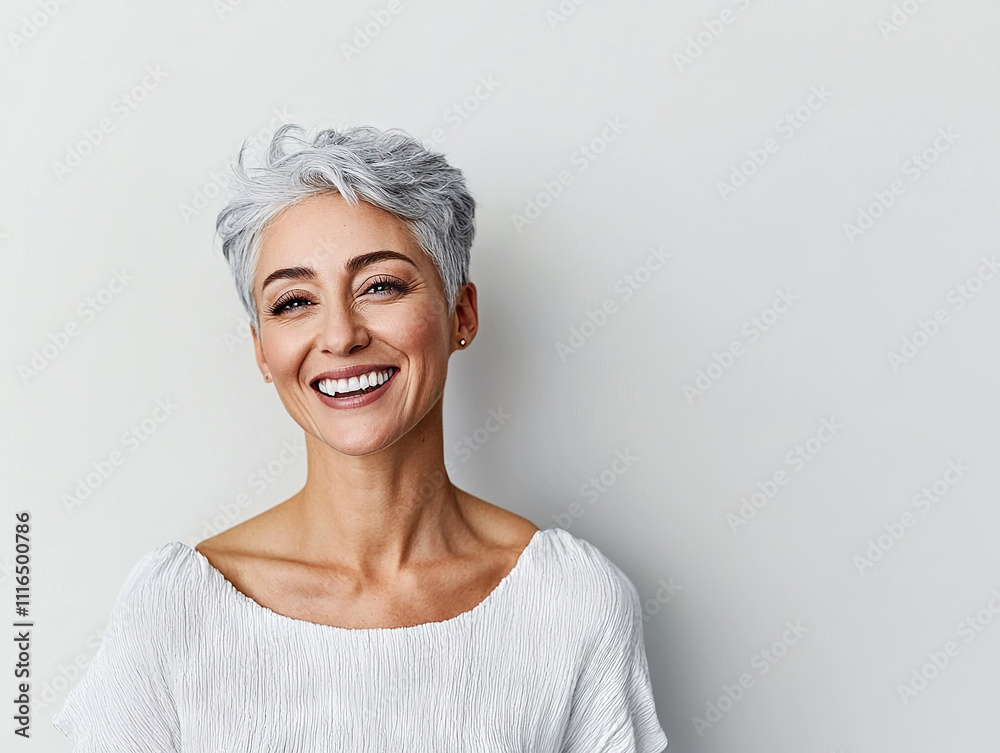 Joyful mature woman with short gray hair smiling brightly, standing ...