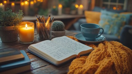 Aufkleber - A snug corner features a journal filled with handwritten notes, a flickering candle, and a steaming cup of tea, creating a soothing atmosphere perfect for reflection.