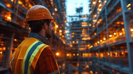 Poster - Engineers collaborate using advanced BIM software in a large construction site during twilight hours