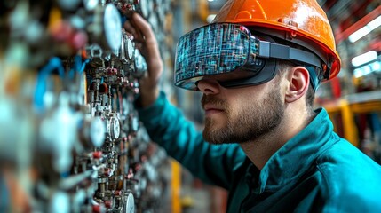 Poster - Workers using augmented reality glasses for enhanced visualizations in a tech-driven environment