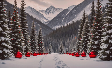 Poster - Path of red balls is in the snow next to a forest of trees. The balls are red and are scattered throughout the path