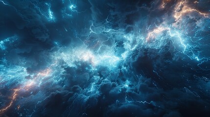 Wall Mural - This photo depicts a striking abstract image of a blue and black background illuminated by multiple lightning strikes.