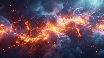 Wall Mural - This photo depicts a striking abstract image of a blue and black background illuminated by multiple lightning strikes.