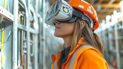 Poster - workers using augmented reality glasses for construction tasks in a modern facility