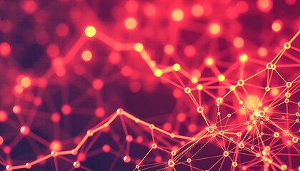 Poster - Abstract Red Network Nodes, Connections creating a complex plexus structure with bokeh effect. Digital technology and data visualization concept.