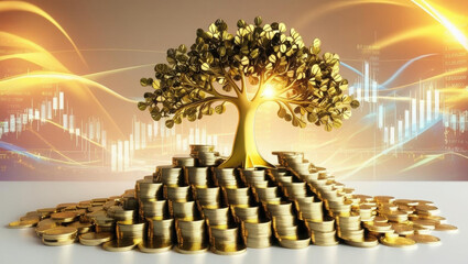 Poster - golden tree growing from pile of coins symbolizes growth and stability, set against glowing abstract financial background, representing prosperity and success