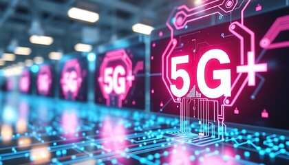 Poster - Futuristic 5G Plus Network Technology HighSpeed Data Global Connectivity. Bright pink and blue circuit boards display 5G logos.