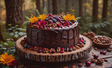 Aufkleber - Chocolate cake with blueberries and nuts on top. The cake is on a wooden board. There are also some flowers on the table