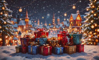 Poster - Pile of presents is on the ground in front of a house. The presents are wrapped in colorful paper and ribbons