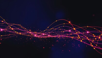 Poster - Abstract Network Glowing Lines and orange lines connected by glowing nodes resembling a network or data stream on a dark background. Sparkling particles add depth.